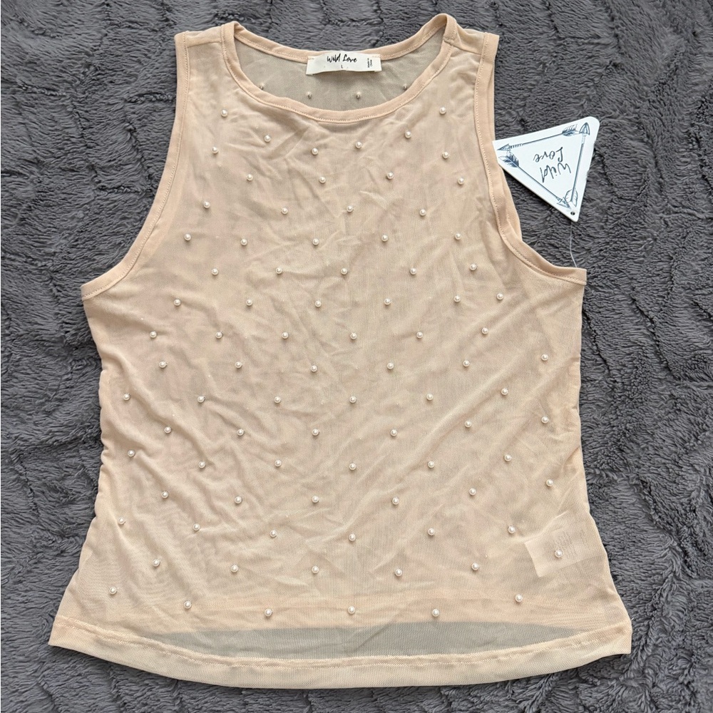 Women's Tan Tank Top with Pearl Accents